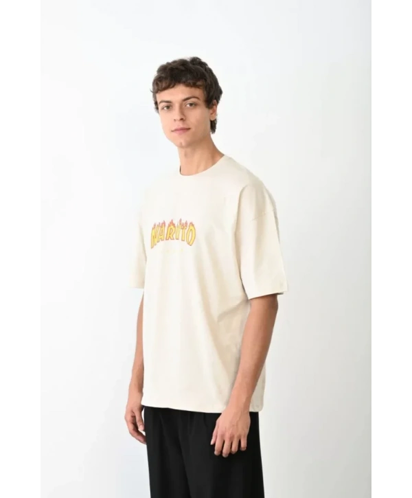 Unisex Bisiklet Yaka Baskılı Oversize T-Shirt - Beyaz