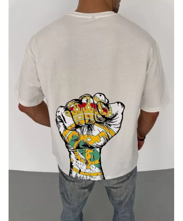 Unisex Bisiklet Yaka Baskılı Oversize T-Shirt - Beyaz