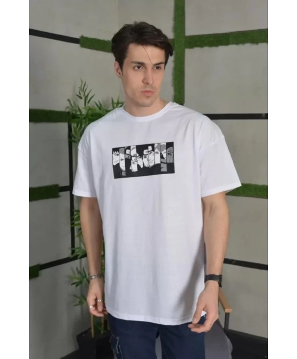 Unisex Bisiklet Yaka Baskılı Oversize T-Shirt - Beyaz