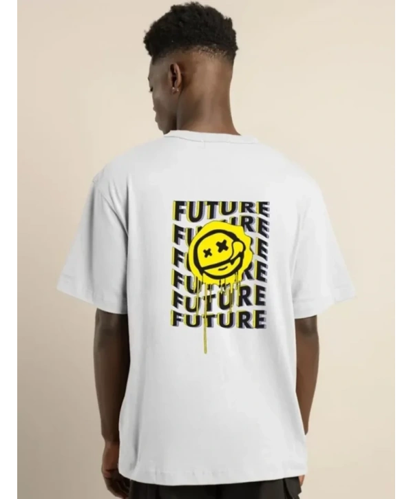 Unisex Bisiklet Yaka Baskılı Oversize T-Shirt - Beyaz