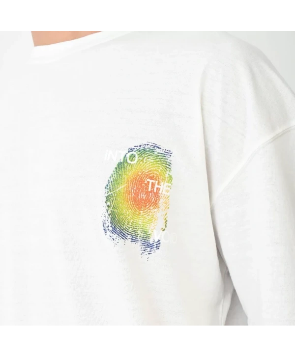 Unisex Bisiklet Yaka Baskılı Oversize T-Shirt - Beyaz