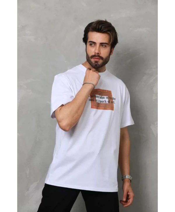 Unisex Bisiklet Yaka Baskılı Oversize T-Shirt - Beyaz