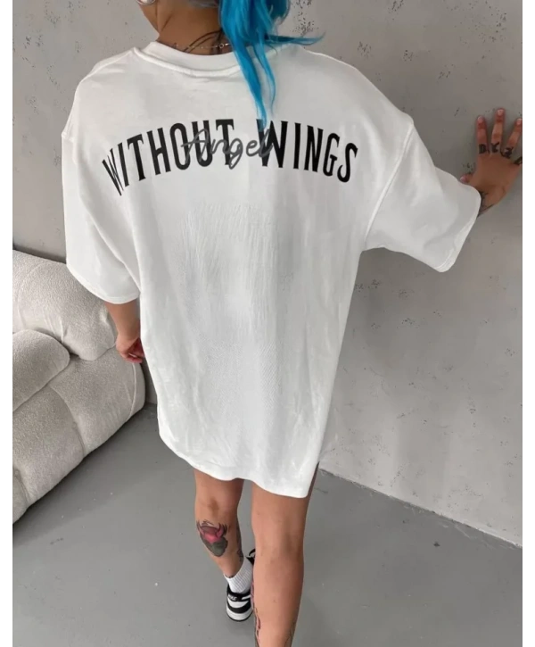 Unisex Bisiklet Yaka Baskılı Oversize T-Shirt - Beyaz