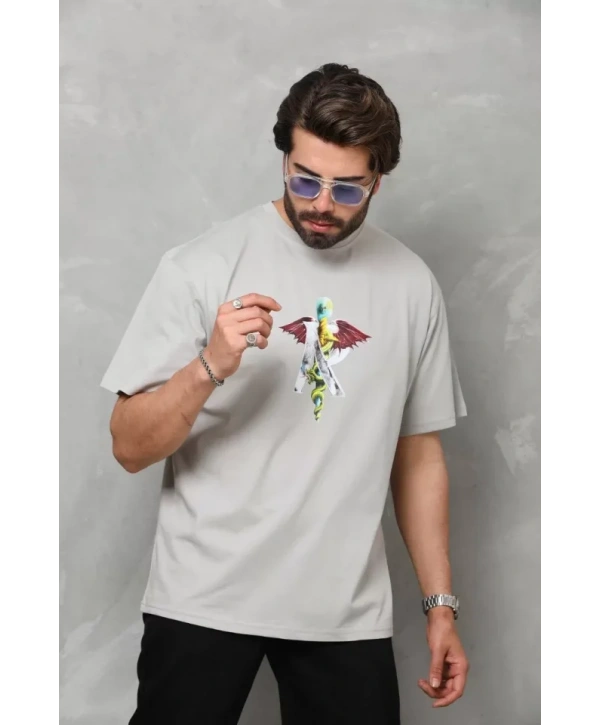 Unisex Bisiklet Yaka Baskılı Oversize T-Shirt - Gri