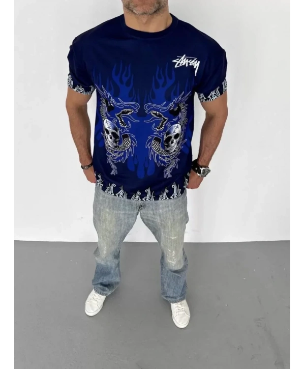 Unisex Bisiklet Yaka Baskılı Oversize T-Shirt - Lacivert