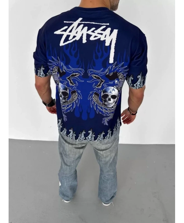 Unisex Bisiklet Yaka Baskılı Oversize T-Shirt - Lacivert