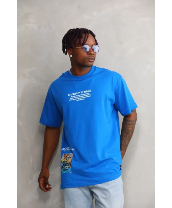 Unisex Bisiklet Yaka Baskılı Oversize T-Shirt - Mavi