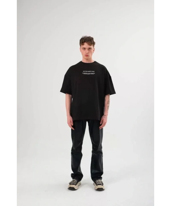 Unisex Bisiklet Yaka Baskılı Oversize T-Shirt - Siyah