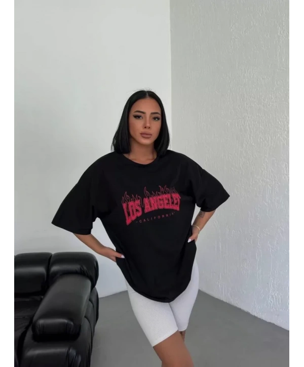 Unisex Bisiklet Yaka Baskılı Oversize T-Shirt - Siyah