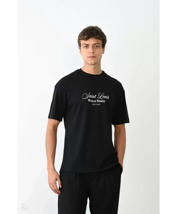 Unisex Bisiklet Yaka Baskılı Oversize T-Shirt - Siyah