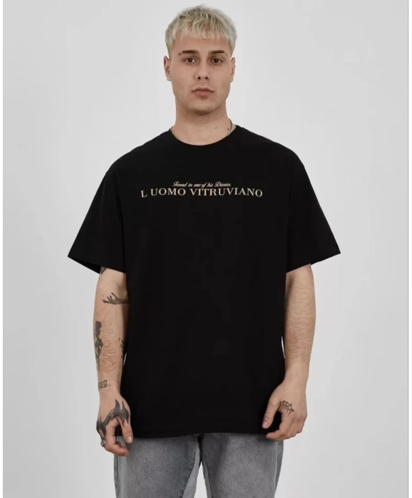 Unisex Bisiklet Yaka Baskılı Oversize T-Shirt - Siyah