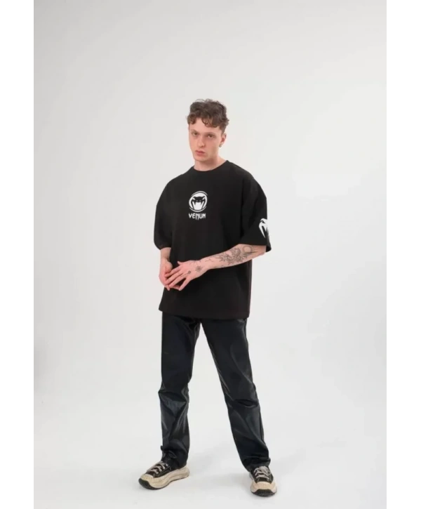 Unisex Bisiklet Yaka Baskılı Oversize T-Shirt - Siyah