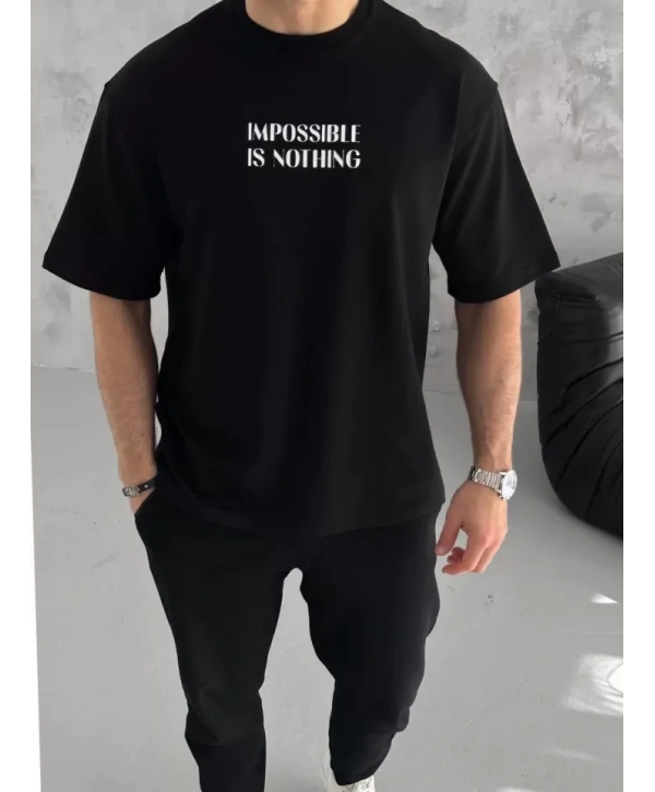 Unisex Bisiklet Yaka Baskılı Oversize T-Shirt - Siyah