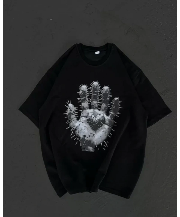 Unisex Bisiklet Yaka Baskılı Oversize T-Shirt - Siyah