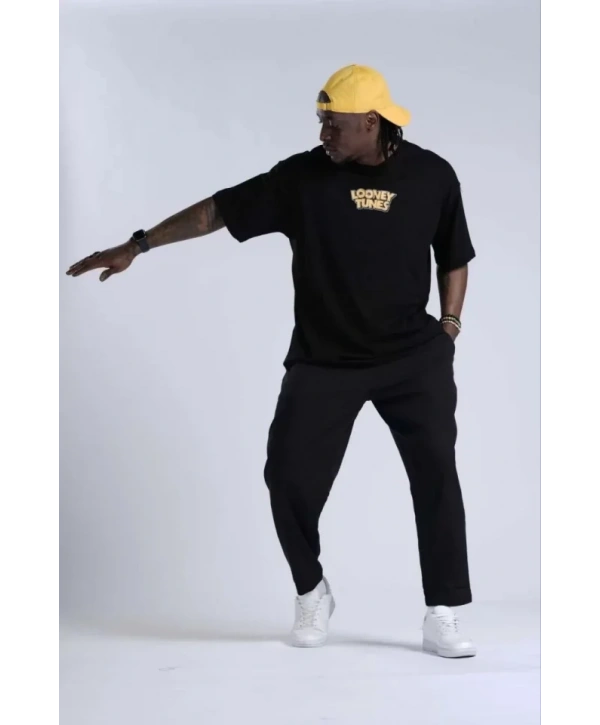 Unisex Bisiklet Yaka Baskılı Oversize T-Shirt - Siyah