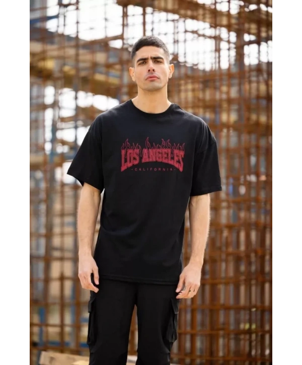 Unisex Bisiklet Yaka Baskılı Oversize T-Shirt - Siyah