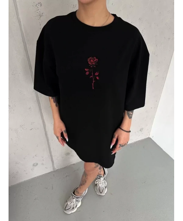 Unisex Bisiklet Yaka Baskılı Oversize T-Shirt - Siyah