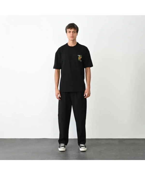 Unisex Bisiklet Yaka Baskılı Oversize T-Shirt - Siyah