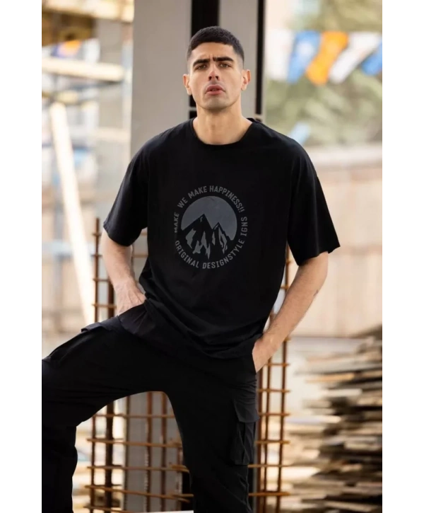 Unisex Bisiklet Yaka Baskılı Oversize T-Shirt - Siyah