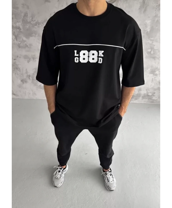 Unisex Bisiklet Yaka Baskılı Oversize T-Shirt - Siyah