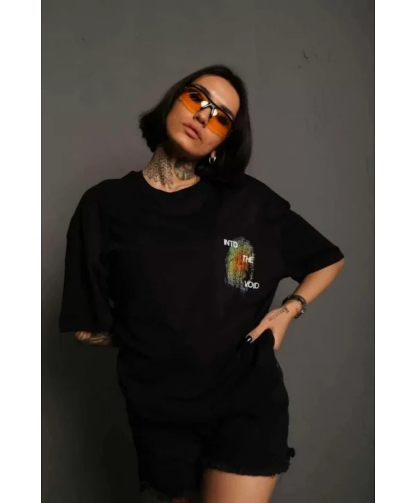 Unisex Bisiklet Yaka Baskılı Oversize T-Shirt - Siyah
