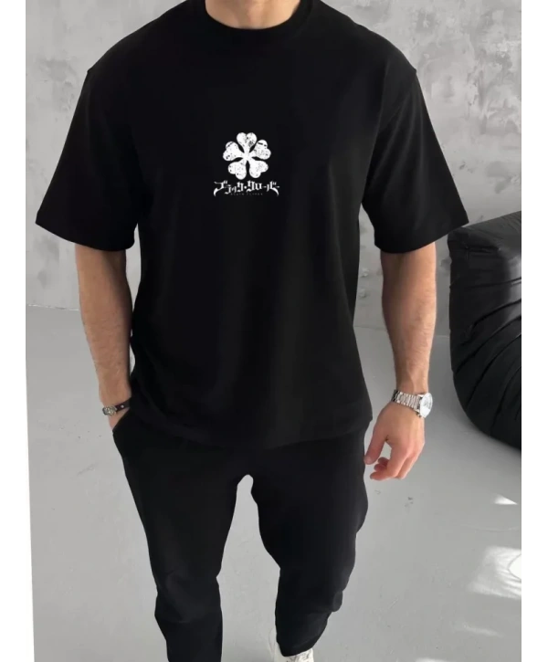 Unisex Bisiklet Yaka Baskılı Oversize T-Shirt - Siyah