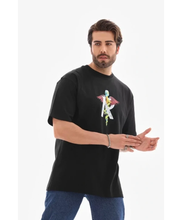 Unisex Bisiklet Yaka Baskılı Oversize T-Shirt - Siyah