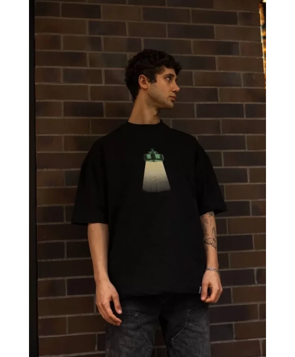 Unisex Bisiklet Yaka Baskılı Oversize T-Shirt - Siyah