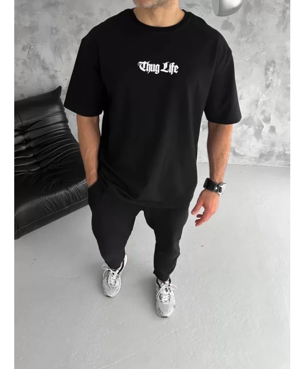 Unisex Bisiklet Yaka Baskılı Oversize T-Shirt - Siyah