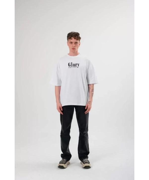 Unisex Bisiklet Yaka Baskılı Oversize T-Shirt - Siyah