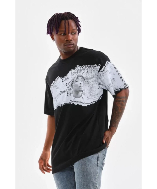 Unisex Bisiklet Yaka Baskılı Oversize T-Shirt - Siyah