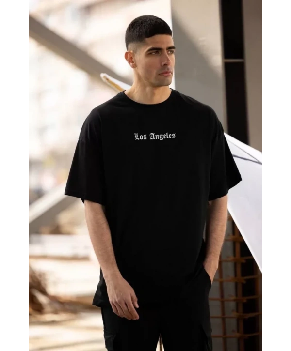 Unisex Bisiklet Yaka Baskılı Oversize T-Shirt - Siyah