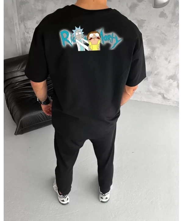 Unisex Bisiklet Yaka Baskılı Oversize T-Shirt - Siyah