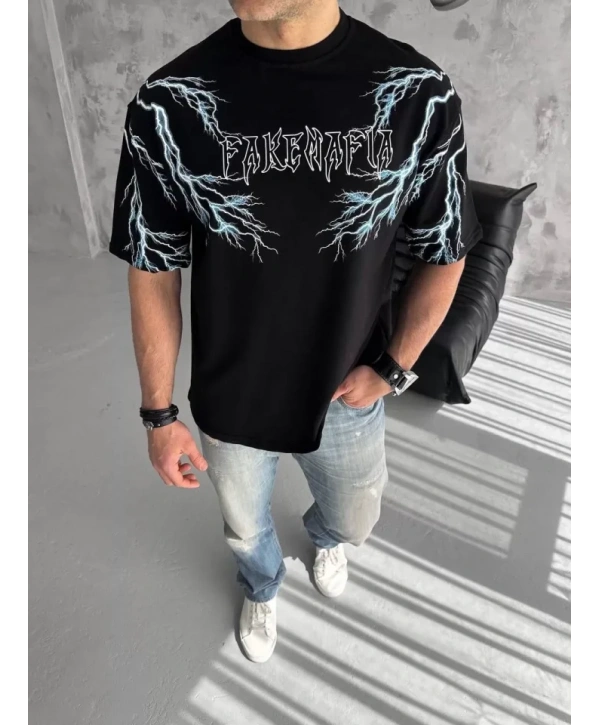 Unisex Bisiklet Yaka Baskılı Oversize T-Shirt - Siyah