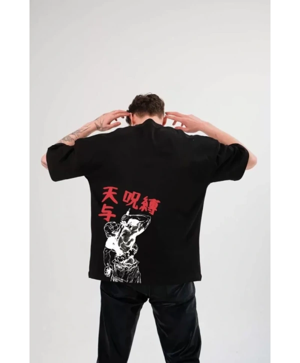 Unisex Bisiklet Yaka Baskılı Oversize T-Shirt - Siyah