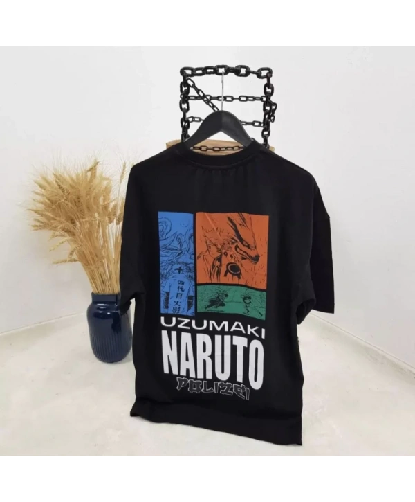 Unisex Bisiklet Yaka Baskılı Oversize T-Shirt - Siyah