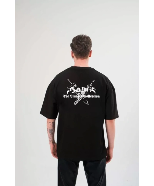 Unisex Bisiklet Yaka Baskılı Oversize T-Shirt - Siyah