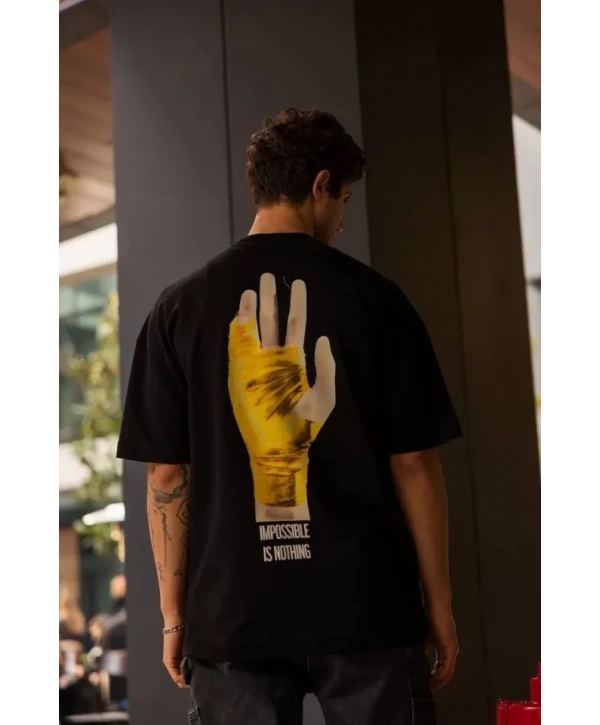 Unisex Bisiklet Yaka Baskılı Oversize T-Shirt - Siyah