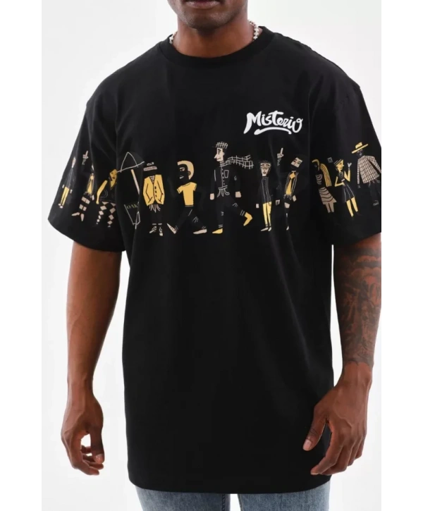 Unisex Bisiklet Yaka Baskılı Oversize T-Shirt - Siyah