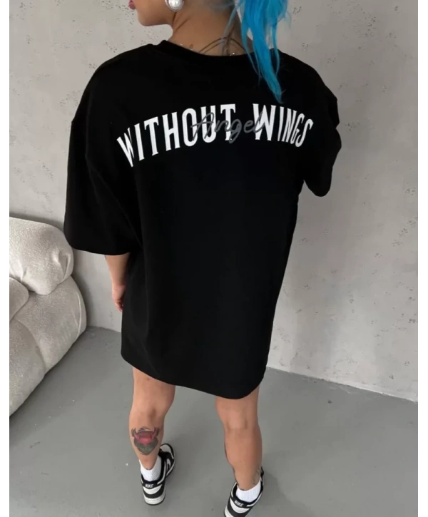 Unisex Bisiklet Yaka Baskılı Oversize T-Shirt - Siyah