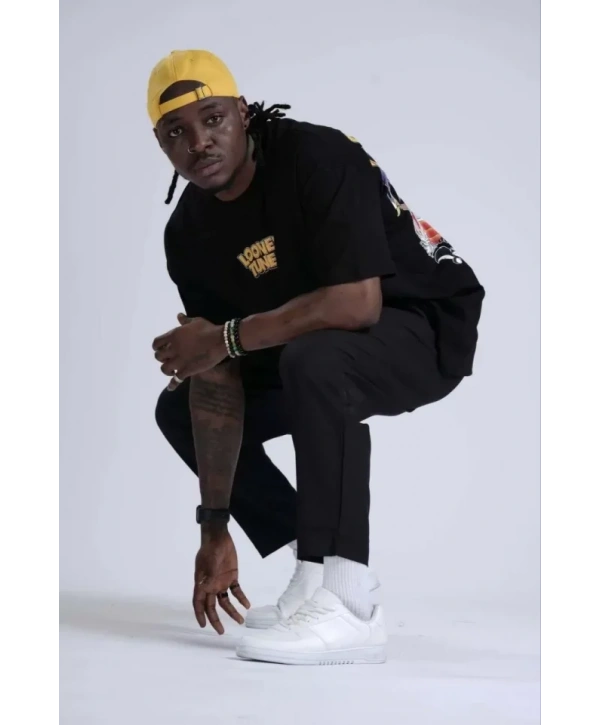 Unisex Bisiklet Yaka Baskılı Oversize T-Shirt - Siyah