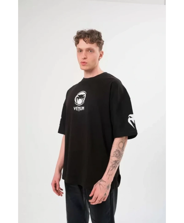 Unisex Bisiklet Yaka Baskılı Oversize T-Shirt - Siyah