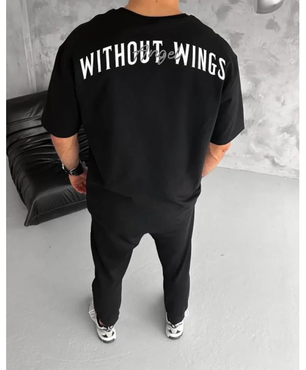 Unisex Bisiklet Yaka Baskılı Oversize T-Shirt - Siyah