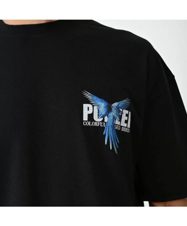 Unisex Bisiklet Yaka Baskılı Oversize T-Shirt - Siyah