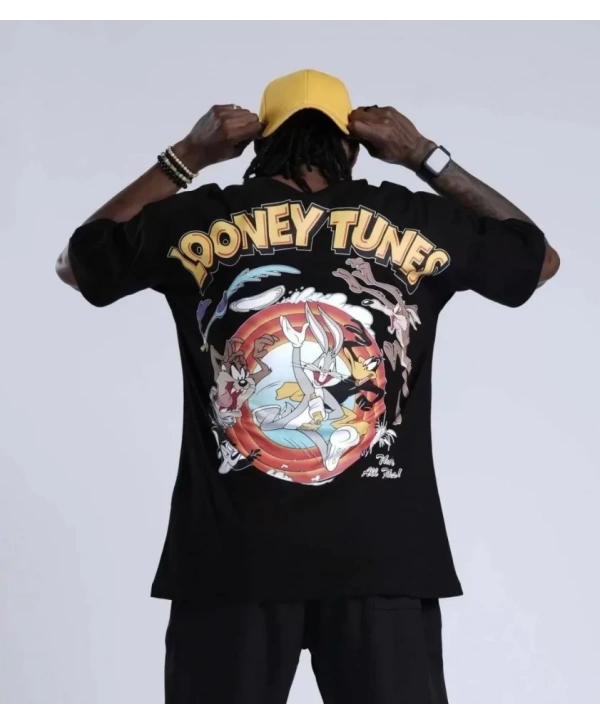 Unisex Bisiklet Yaka Baskılı Oversize T-Shirt - Siyah