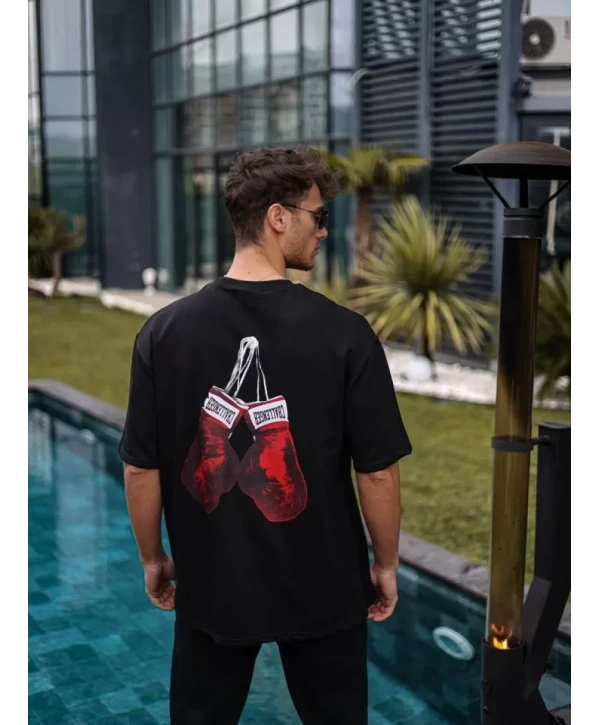 Unisex Bisiklet Yaka Baskılı Oversize T-Shirt - Siyah