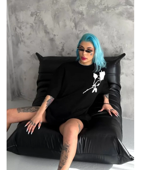 Unisex Bisiklet Yaka Baskılı Oversize T-Shirt - Siyah