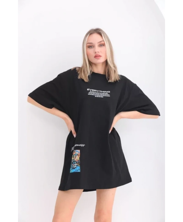 Unisex Bisiklet Yaka Baskılı Oversize T-Shirt - Siyah