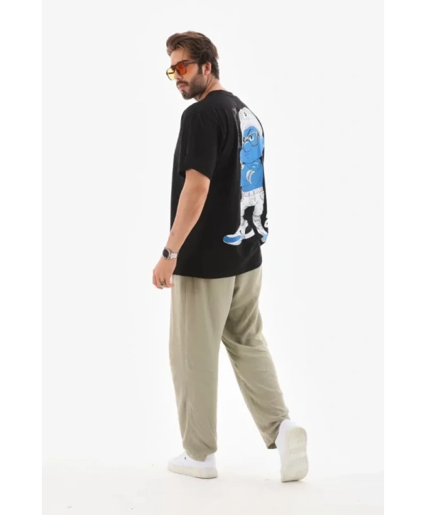 Unisex Bisiklet Yaka Baskılı Oversize T-Shirt - Siyah