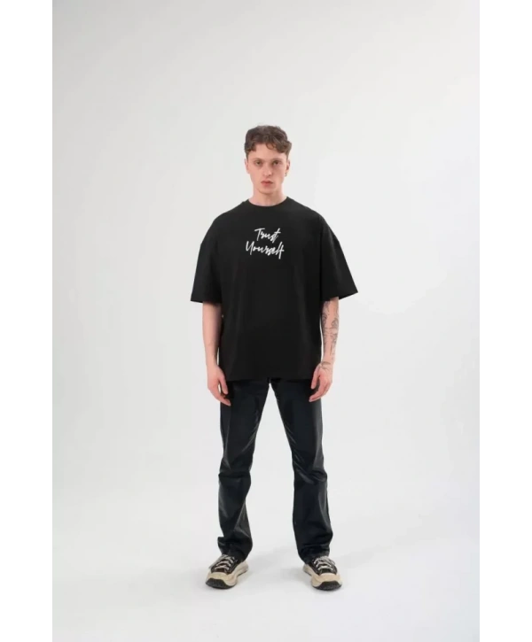 Unisex Bisiklet Yaka Baskılı Oversize T-Shirt - Siyah